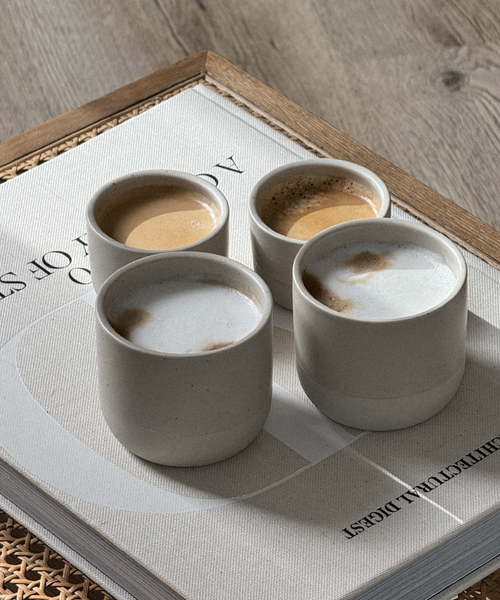 Cappuccino- und Espresso Keramik Becher in Beige aus der Serie Faro – Größenübersicht