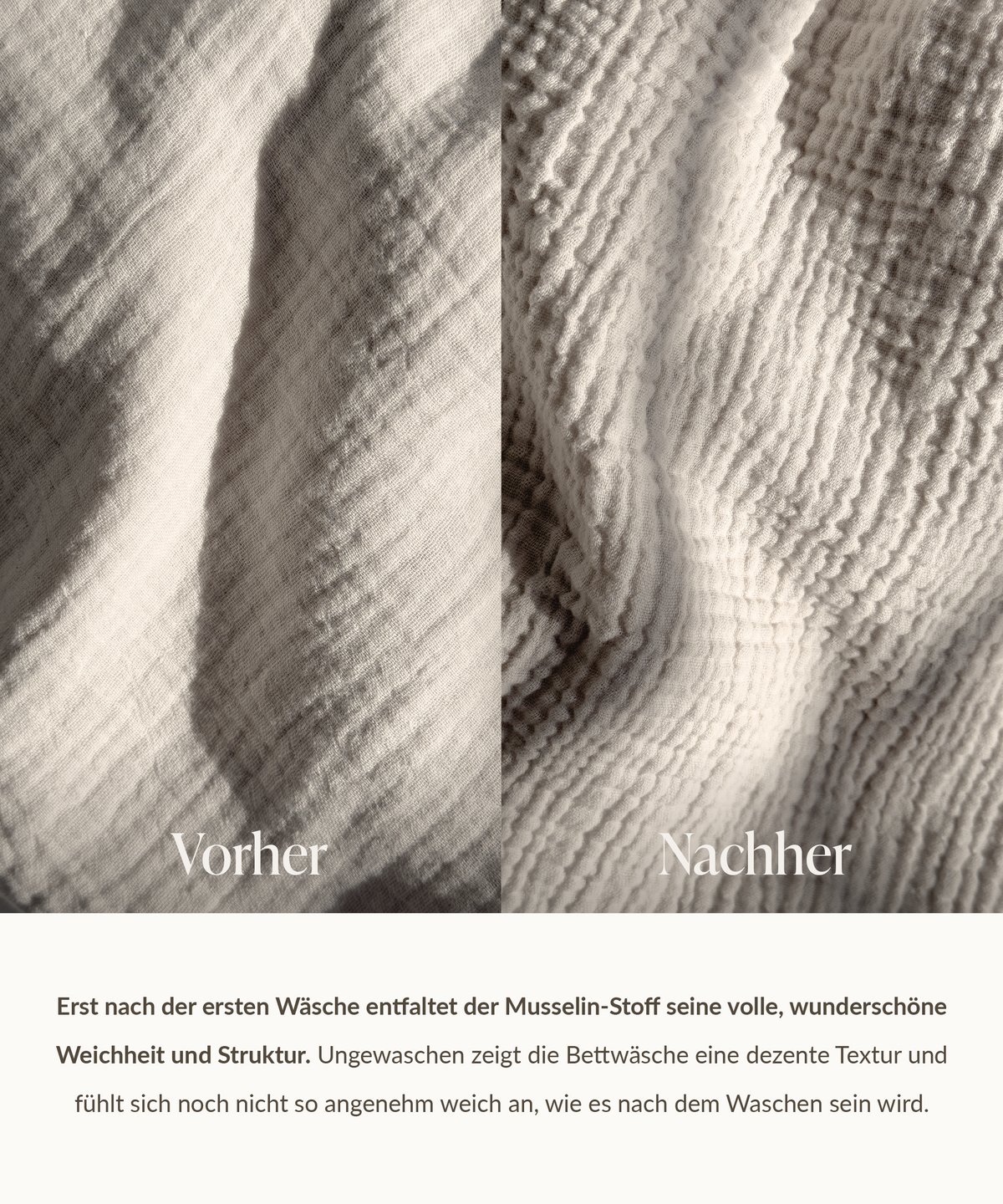 Beige Musselin Doppelbettwäsche, Serie Haven – Produktansicht