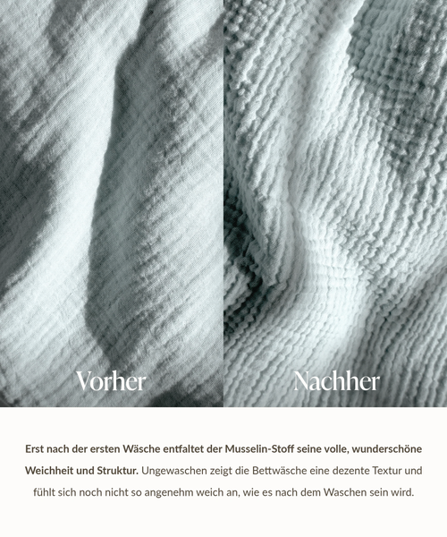 Hellblaue Musselin Einzelbettwäsche, Serie Haven – Nahaufnahme der Oberfläche