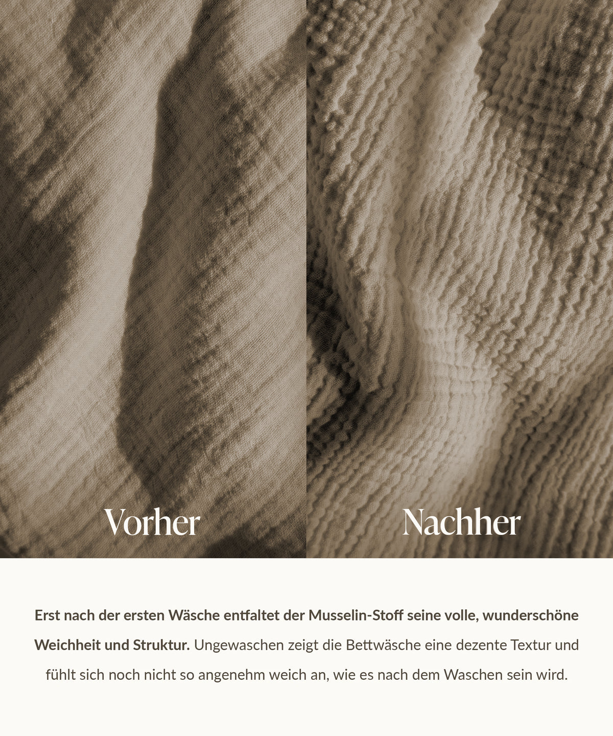 Taupefarbene Musselin Einzelbettwäsche, Serie Haven – Seitenansicht