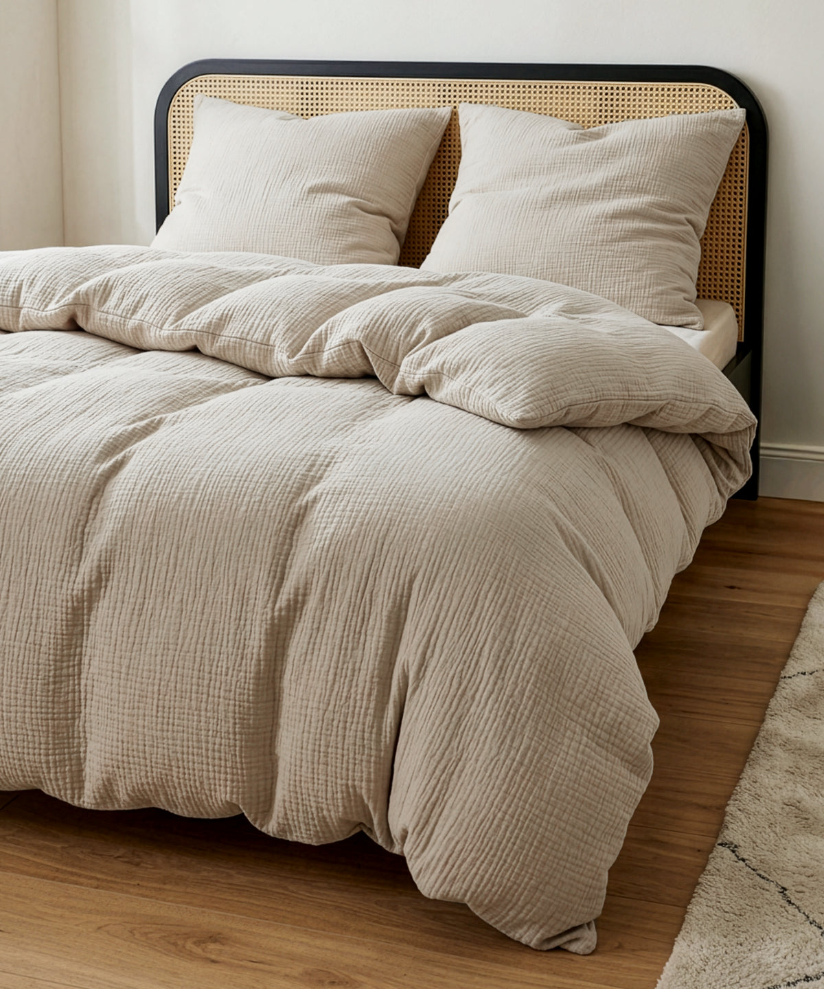 Beige Musselin Doppelbettwäsche, Serie Haven – Detailansicht