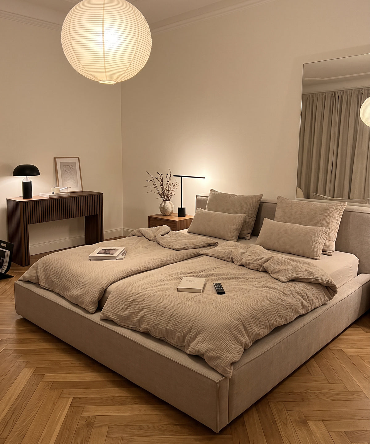 Beige Musselin Einzelbettwäsche, Serie Haven – Nahaufnahme der Oberfläche