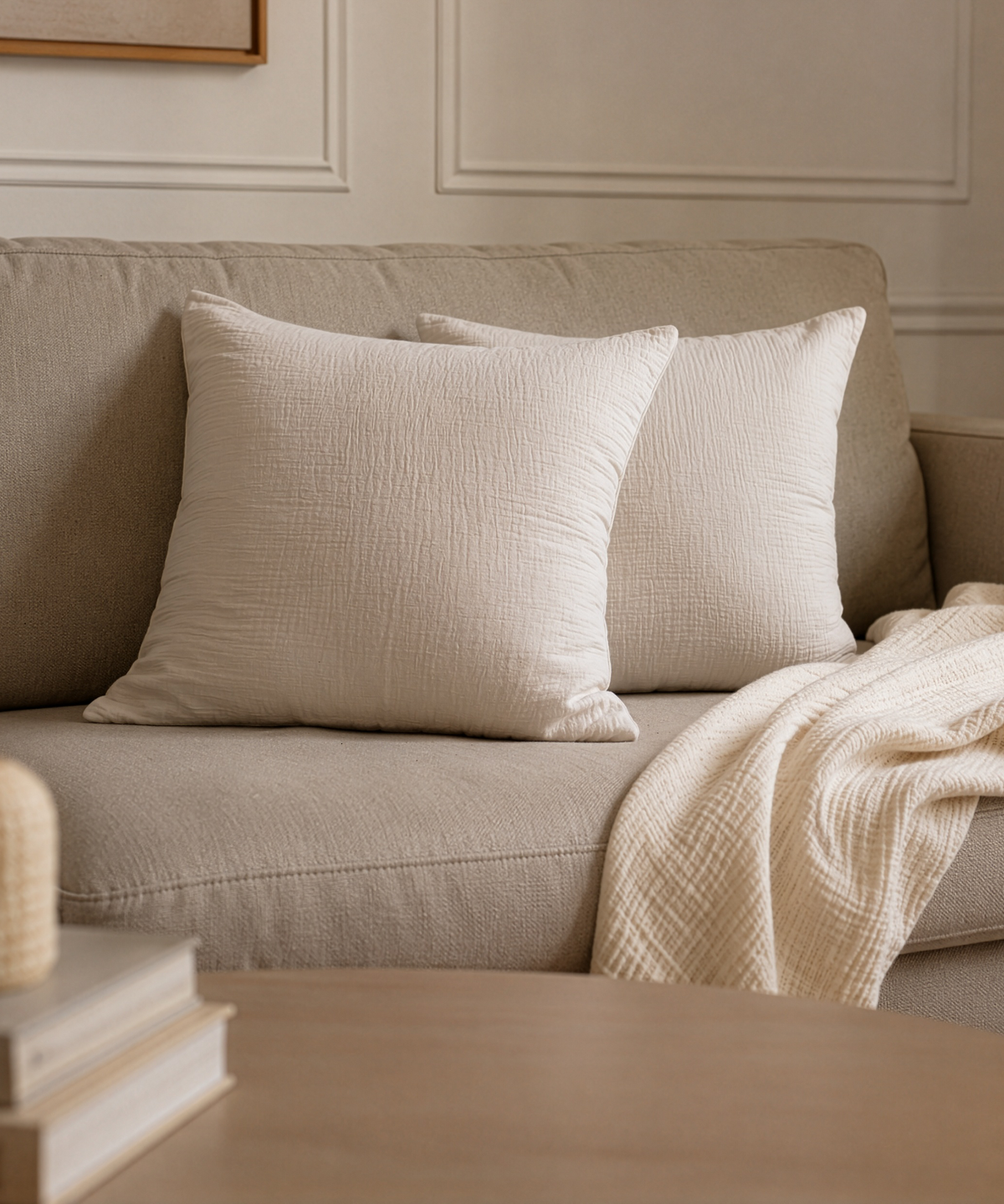 Musselin Kissenbezug 50×50cm in Beige aus der Serie Haven – Draufsicht
