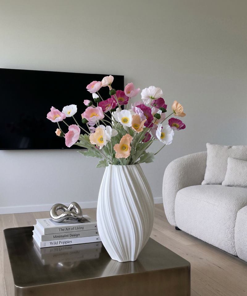 Kunstblumen-Bouquet Mohnblüten 8er in Weiß, Pink, Rosa und Coral aus der Serie Bloom – Nahaufnahme der Oberfläche